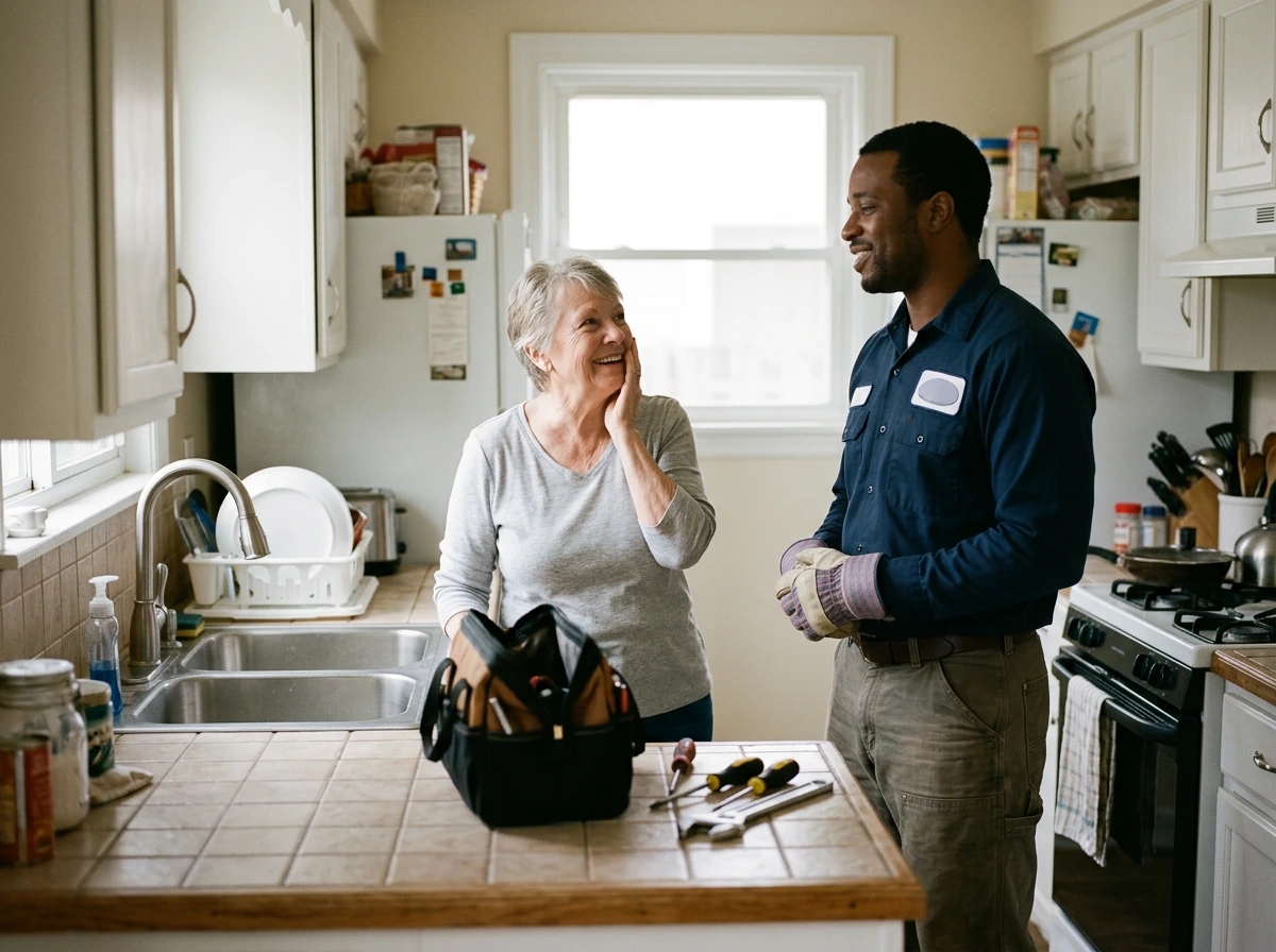 A homeowner and local service professional sharing a positive conversation after work in her kitchen